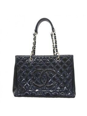Chanel Chain Tote Quilted Patent Leather Navy Silver